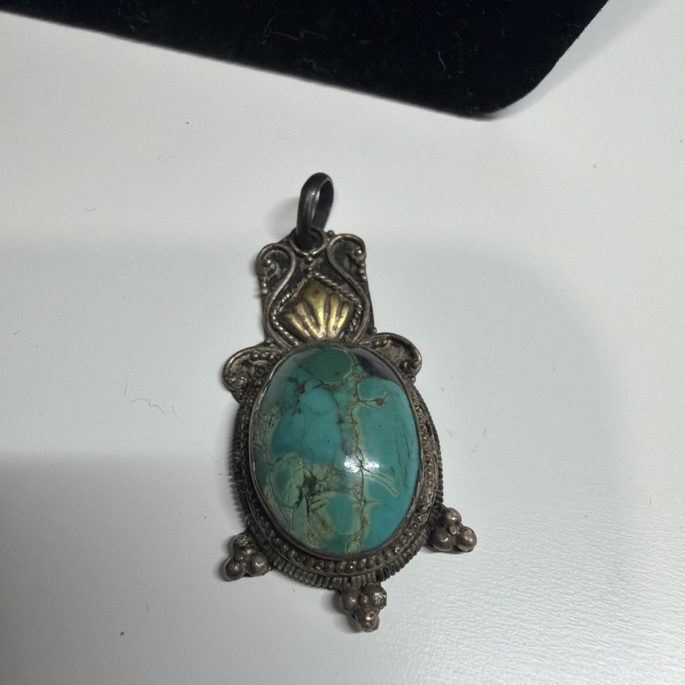Vintage Southwestern Turquoise Cabochon Sterling Silver 925 Pendant Oval Stone